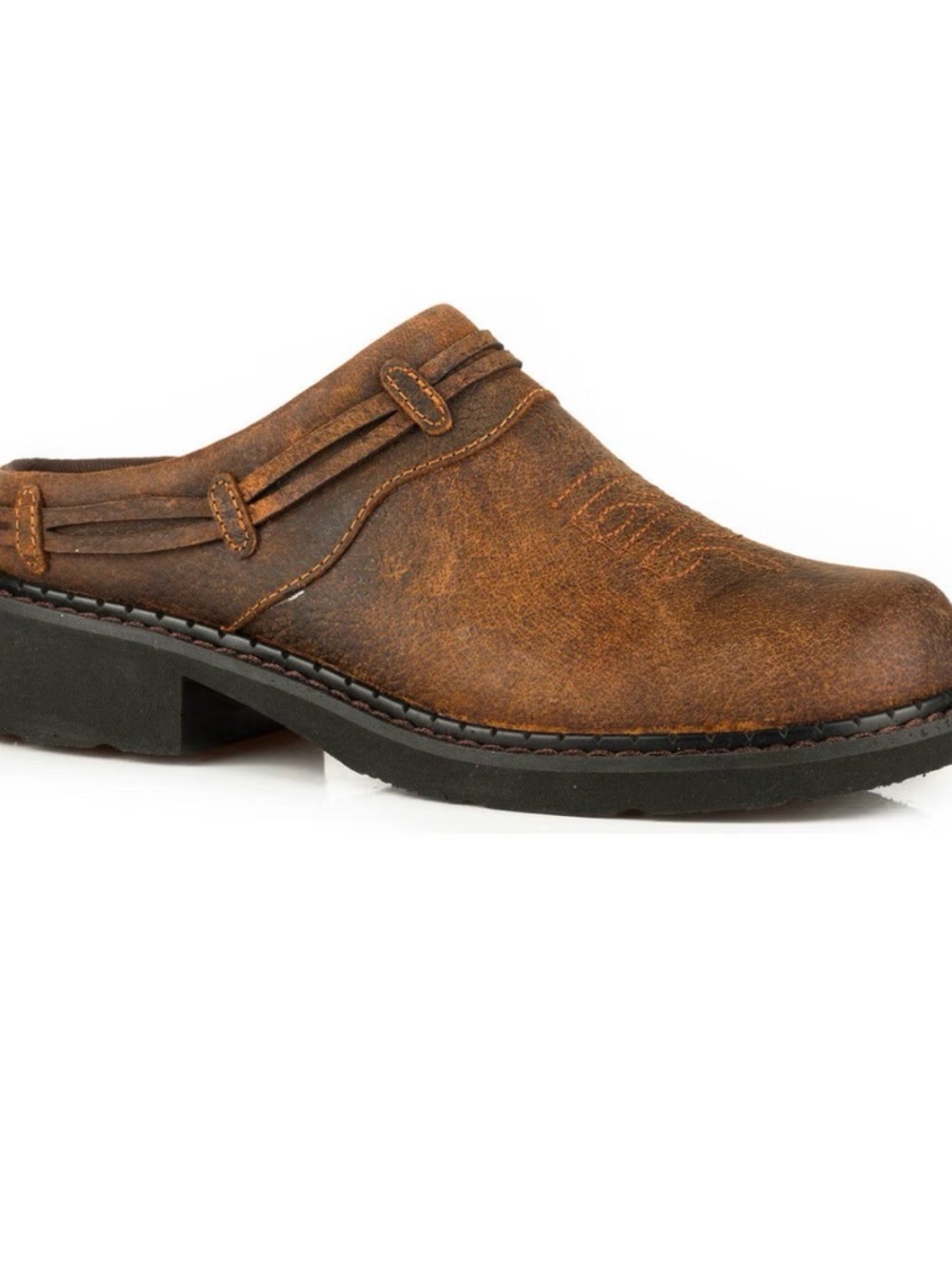 ROPER WOMEN'S LACES BROWN CRAZY HORSE LEATHER SLIP-ON MULES - ROUND TOE